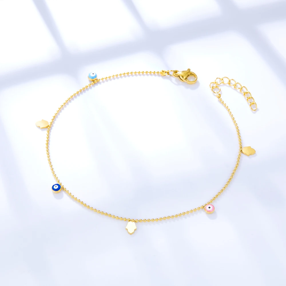 Boho Gold Color Enamel Round Evil Eye Anklet, Summer Gift