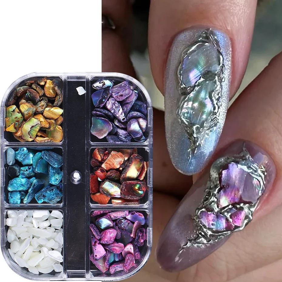 6 Compartimentos de Láminas de Concha de Abulón para Decoración de Uñas, Encantos 3D, Fragmentos de Concha Irregular, Tiras Aurora, Accesorios DIY de Manicura 2