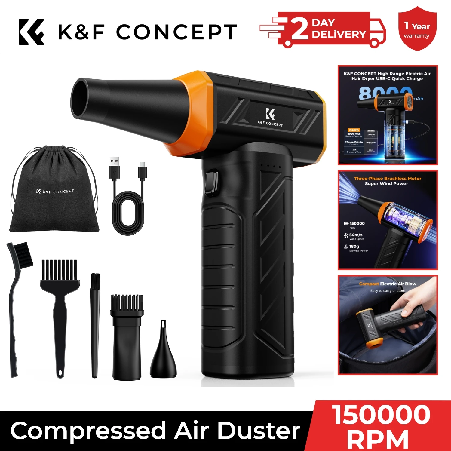 K&F CONCEPT 150000RPM 8000mAh Electric Air Duster Brushless Compressed Air Blower for Computer,Laptop Keyboard,Camera Dust Clean