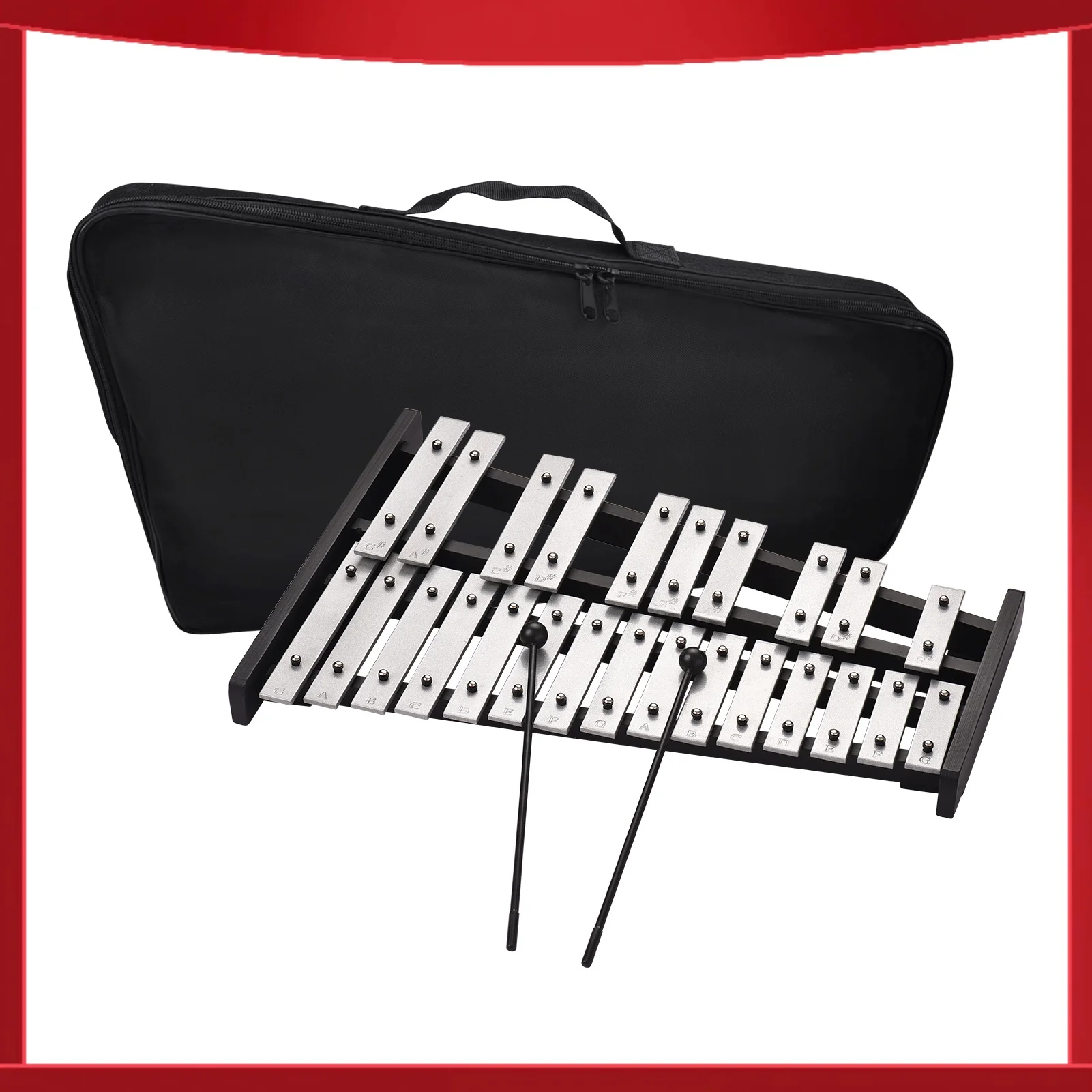 25 Note Glockenspiel Xylophone Wooden Base Aluminum Bars with 2 Mallets Educational Musical Instrument Percussion Gift