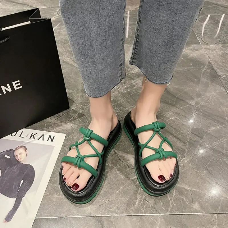 

Women Summer Flip Flop Sandals Shoes Mixed Color Matching Rope Knot Beach Toe Roman Sandals Casual Comfortable Plus Size Shoes