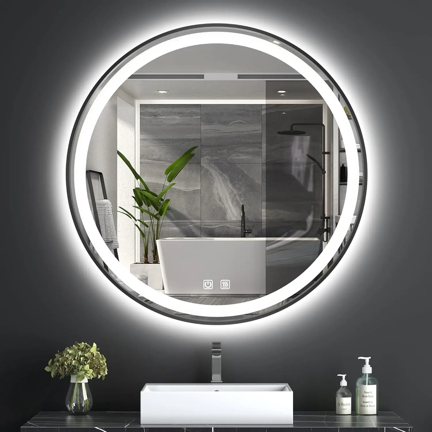 

LED 36 inch Black Round Bathroom Mirror with 3 Colors Lights
