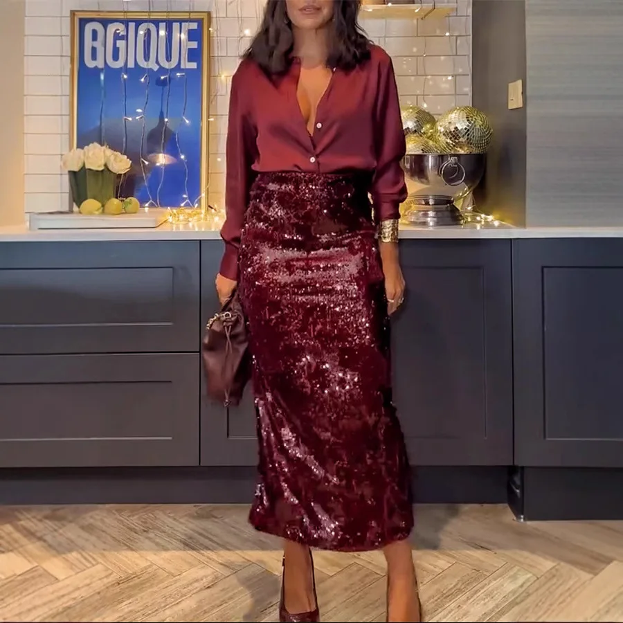 

Trendy Temperament Skirt 2 Piece Set Women Solid Color Satin Shirt Package Hip High Waist Sequin Skirts Sets Female Streetwear