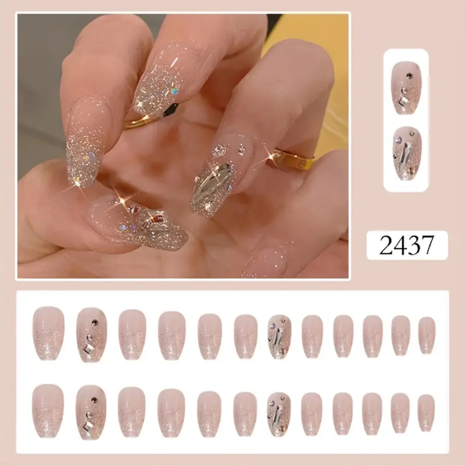 Medium Press On Nails Set With 3D Rhinestones, Beautiful Coffin Fake Nails, Glossy Ballerina Acrylic Nails, Sparkly Glitter Fals