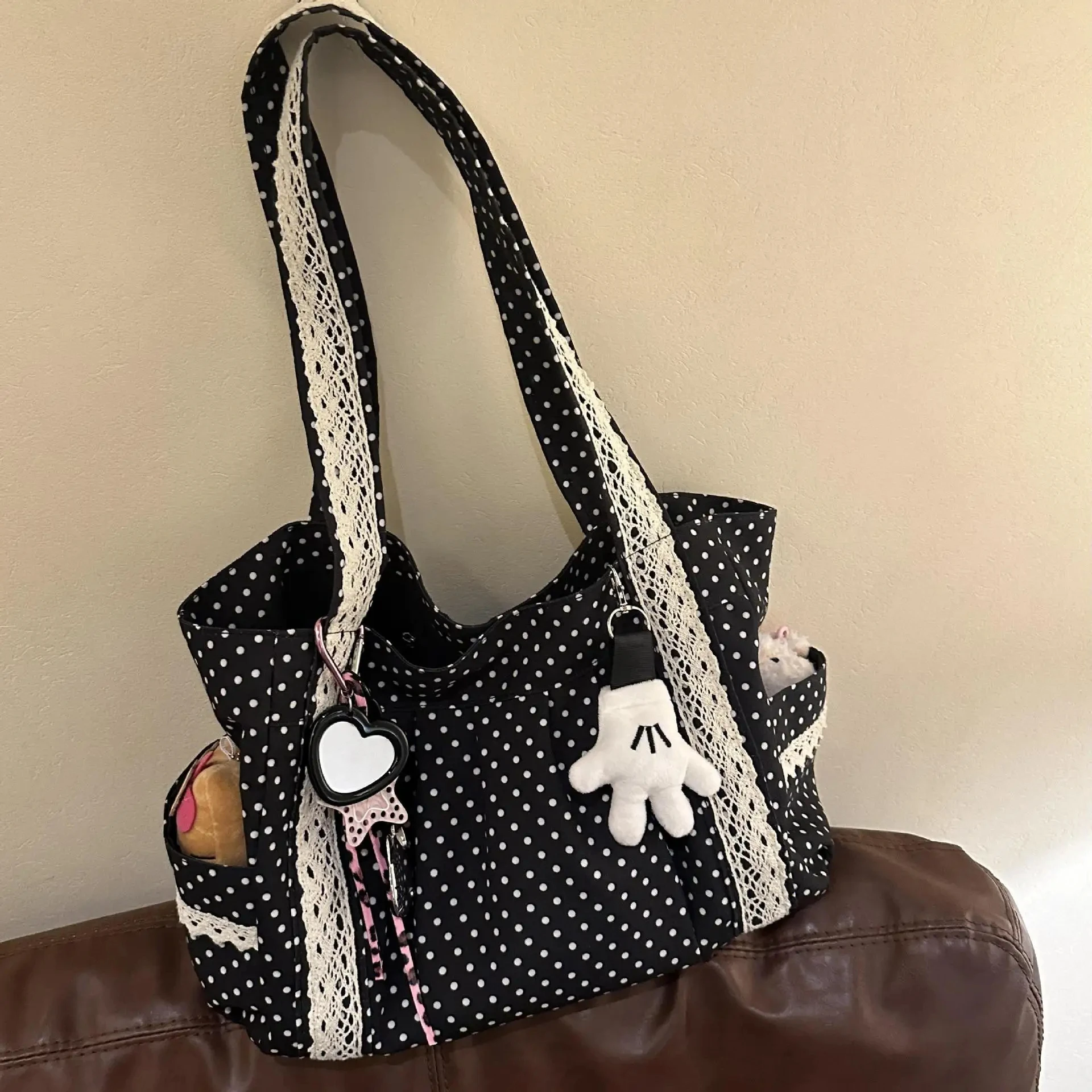 Women Shoulder Bag For Korean Vintage Canvas Cute Lace Large Capacity Tote Multi Pocket Handbag Fashion Round Dot Underarm Bag image 6