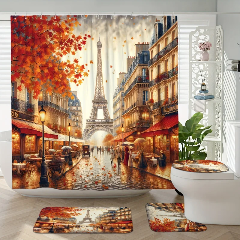 1/4pcs Fall Eiffel Tower Maple Leaf Natural Burnt Orange Sets with Shower Curtain and Rugs Polyester Waterproof M