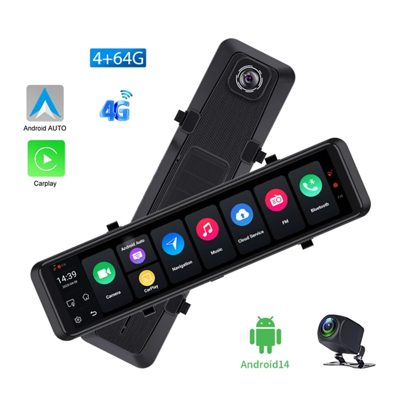 GROCE-Dash Cam Carplay Sem Fio Para Android Auto 4G Para Android 14.0 8 Core Carro DVR ADAS Espelho Link 5G Wifi Bluetooth