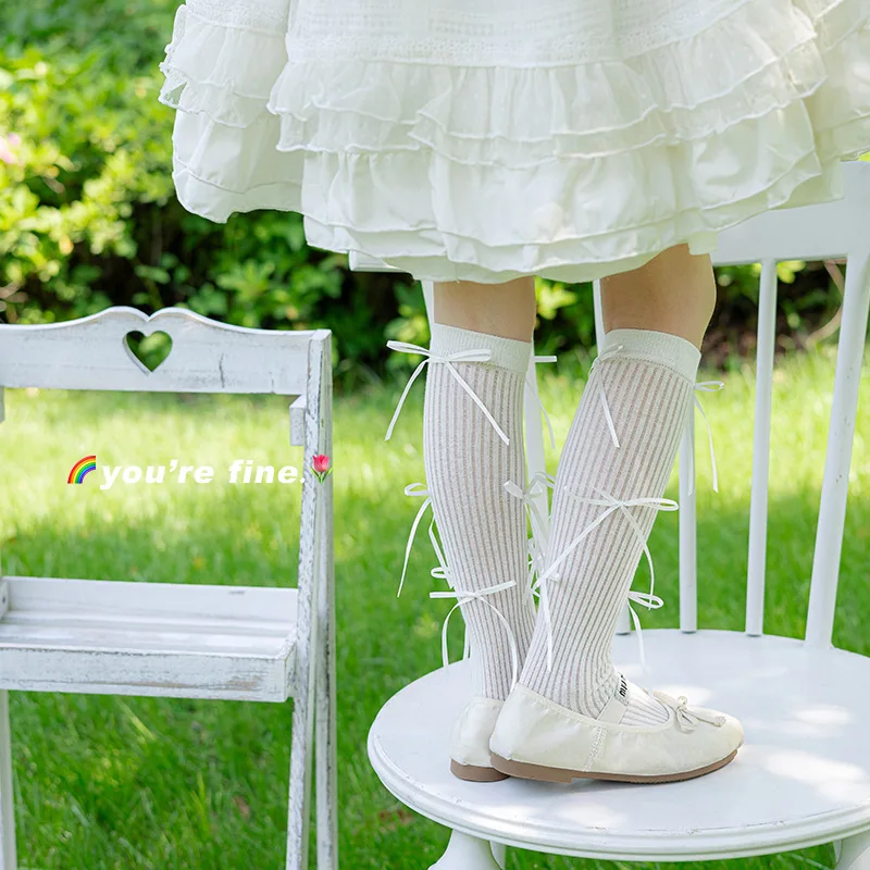 1 Pair Cute Lolita Ballet Tights for Kids Girls Spring Summer Mesh Sheer Knee High Socks Bow Princess Style Stockings Sock