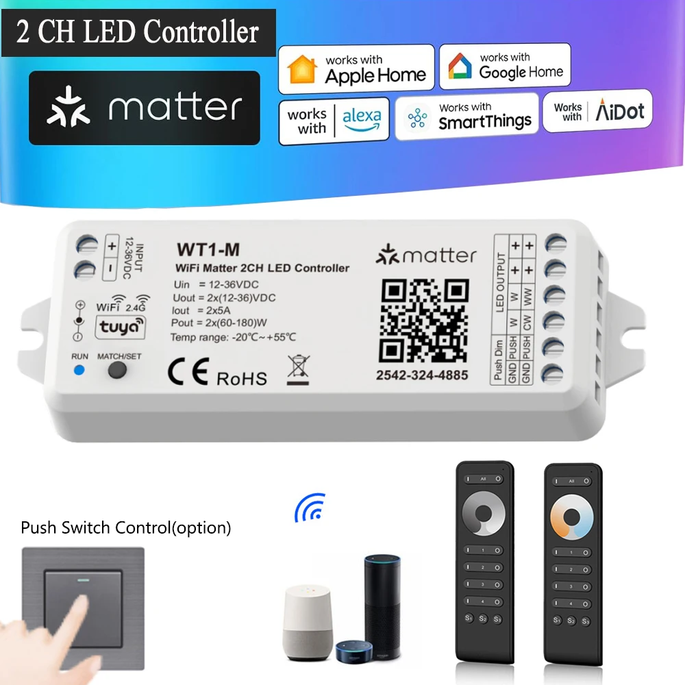 wifi led controlador dimmer 2in matter 12v 24v 5050 cob cor unica faixa cct para homekit smartthings alexa assistente de casa tuya 01