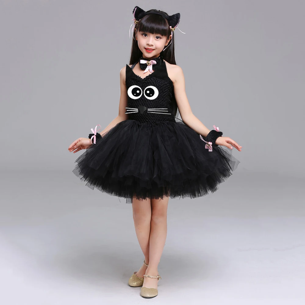 Kitty Tutu Dress Outfit For Kids Black Cat Animal Halloween Costumes Toddler Baby Girl Fancy Performance Birthday Party Dress