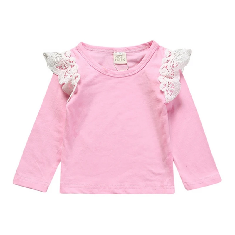 Baby Girls Basic Tee Long Sleeve T-shirt Cotton Solid Sweet Lace Ruffles Decor Princess Tops Spring Autumn Infant Toddler Blouse