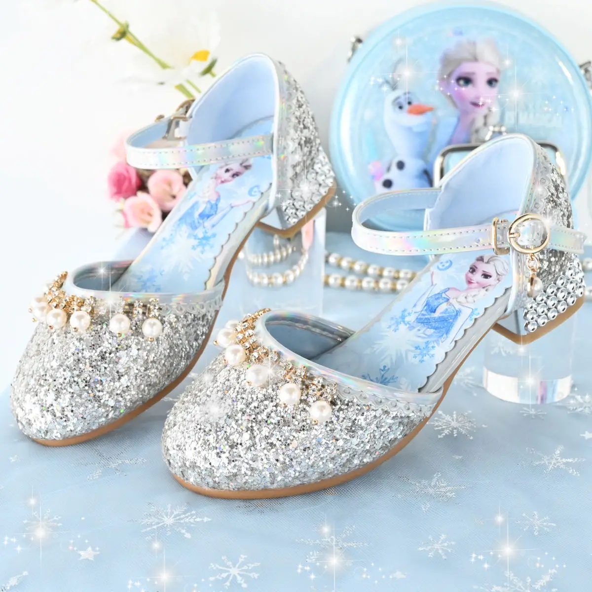 Disney Princess Shoes Girl Elsa Shoes Fashion Frozen Crystal Pearly Girl tacco alto primavera in pelle rosa blu scarpe taglia 23-36