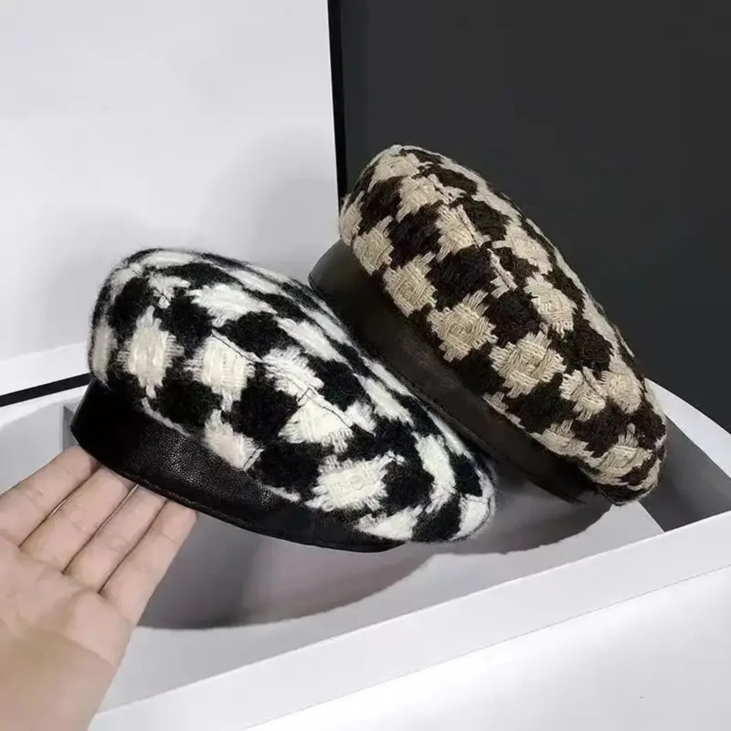 Elegant French Style Ladies Plaid Beret in Black And White - Chic Women's Fashion Hat