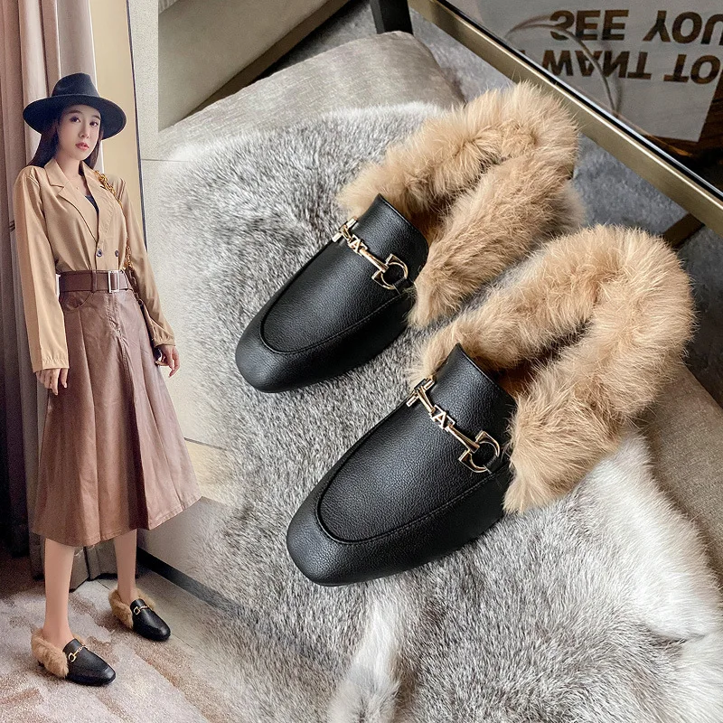 

Retro Loafers Fashion Women's Shoes Autumn and Winter Women Velvet Warm Flat-bottomed Rabbit Fur Leather Shoes leather shoes