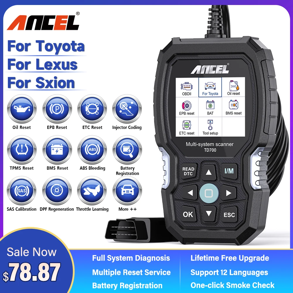 

ANCEL TD700 OBD2 Scanner for Toyota Full System Transmission TPMS Relearn ABS SRS 10 ResetCar Diagnostic Tool for Lexus Scion