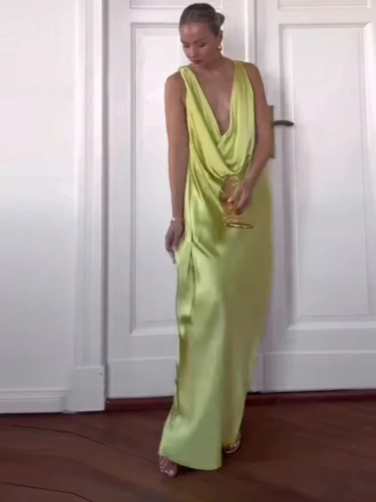 

Сексуальное плиссированное длинное платье женское зеленое свободное платье с v-образным вырезом без рукавов и открытой спиной женское летнее модное шикарное платье с высокой талией