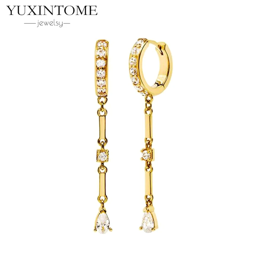 

925 Sterling Silver Needle Rectangle Water Droplet Zircon Pendant Hoop Earrings for Women Simple Versatile Gold Earrings Jewelry