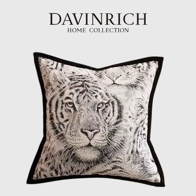 DAVINRICH Leopard Tiger Head Jacquard Cushion Cover Luxury High Density Satin American Style Pillowcase For Living Room Sofa Bed