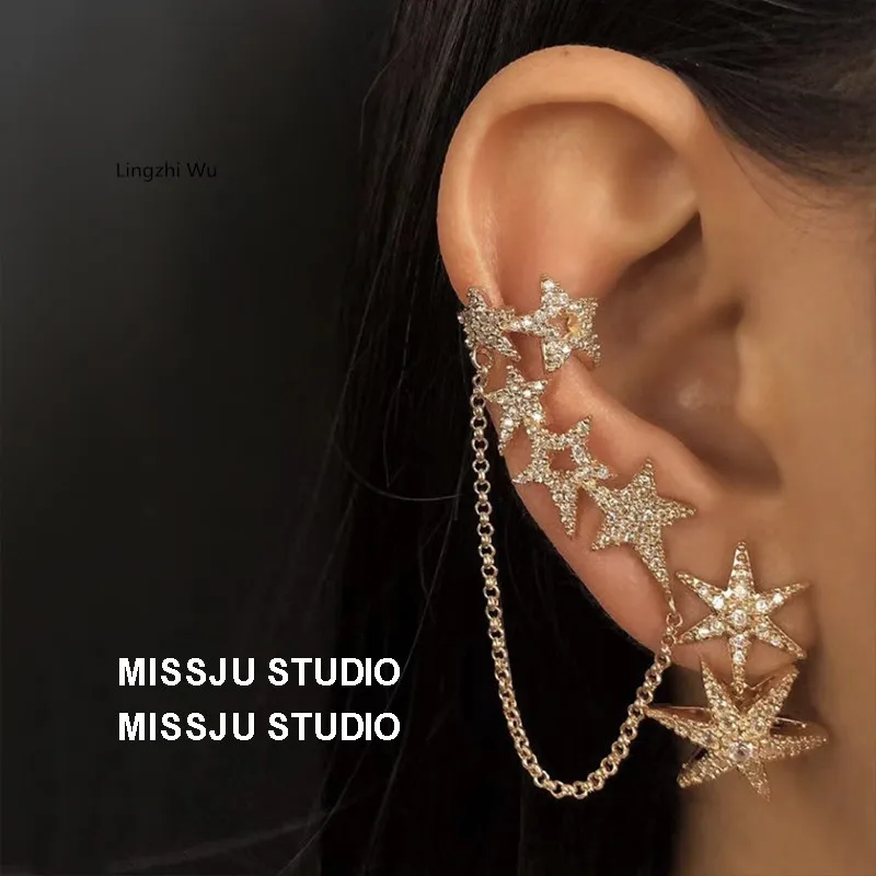 Lingzhi Wu-Elegant Five-Pointed Star Stud Earrings, Ear Bone Clip, Ear Chain, Influencer Tassel, 925 Silver, New Arrival