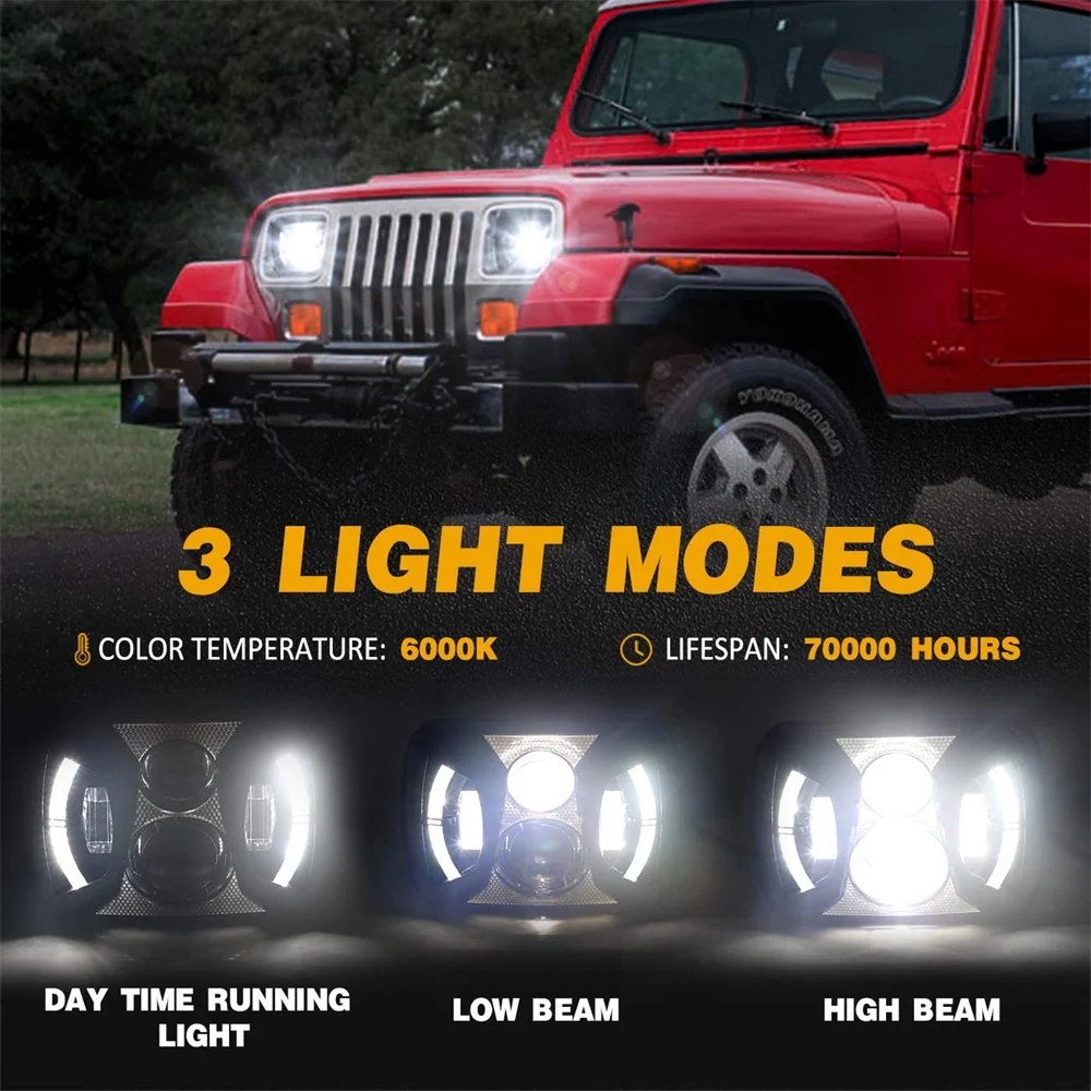 7x6 5x7 inch LED Headlights with Hi-Lo Beam H6054 6052 6054 H5054 Rectangular Headlamp For Jeep Wrangler XJ YJ Cherokee Truck