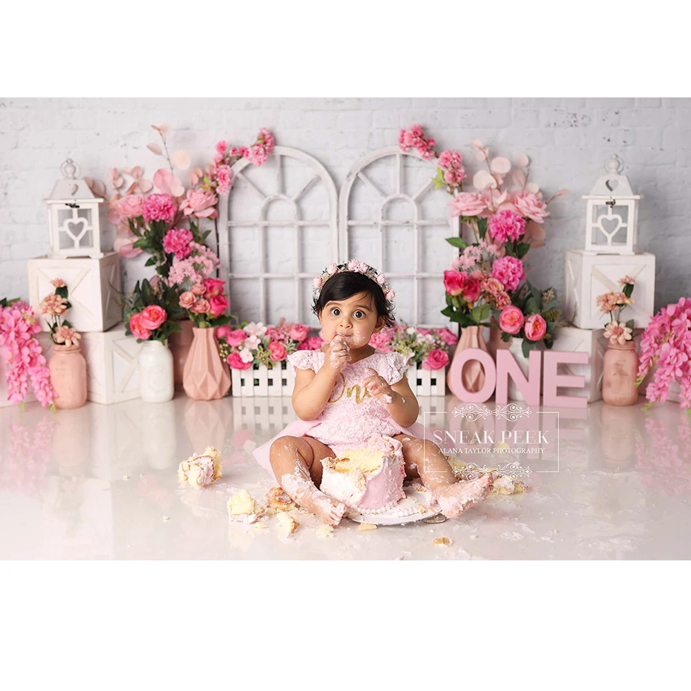 Hannahs Floral Delight Photo Background Spring Pink Flowers Photography Backdrop Girl Birthday Cake Smash Photo Studio Props