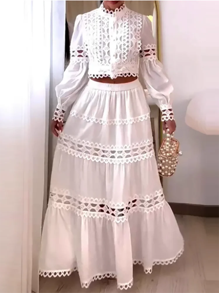 

Красивый кружевной дизайн Свободный костюм для вечеринок Женский повседневный топ с круглым вырезом и длинная юбка 2-х предметный комплект Сексуальный полый плиссированный праздничный O