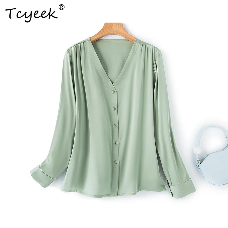 

Tcyeek 93% Silk 7% Spandex Simplicity Elegant Shirt V-Neck Long Sleeve Solid Spring Autumn Summer Blouse For Women T30609QC