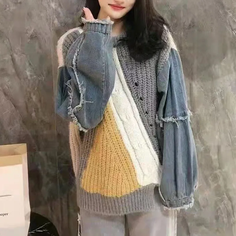 Denim Patchwork Knitted Pullovers Women Color Block O-Neck Sweater Pullovers Female Long Sleeved Loose Pullovers Autumn Winter