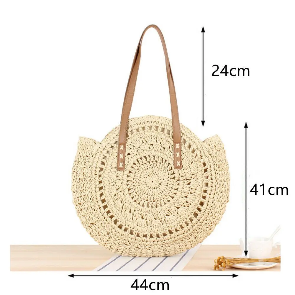 Straw Bag Women Hand-Woven Handbag Round Shape Rattan Bag Big Capacity Drawstring Casual Beach Shoulder Crossbody Bag