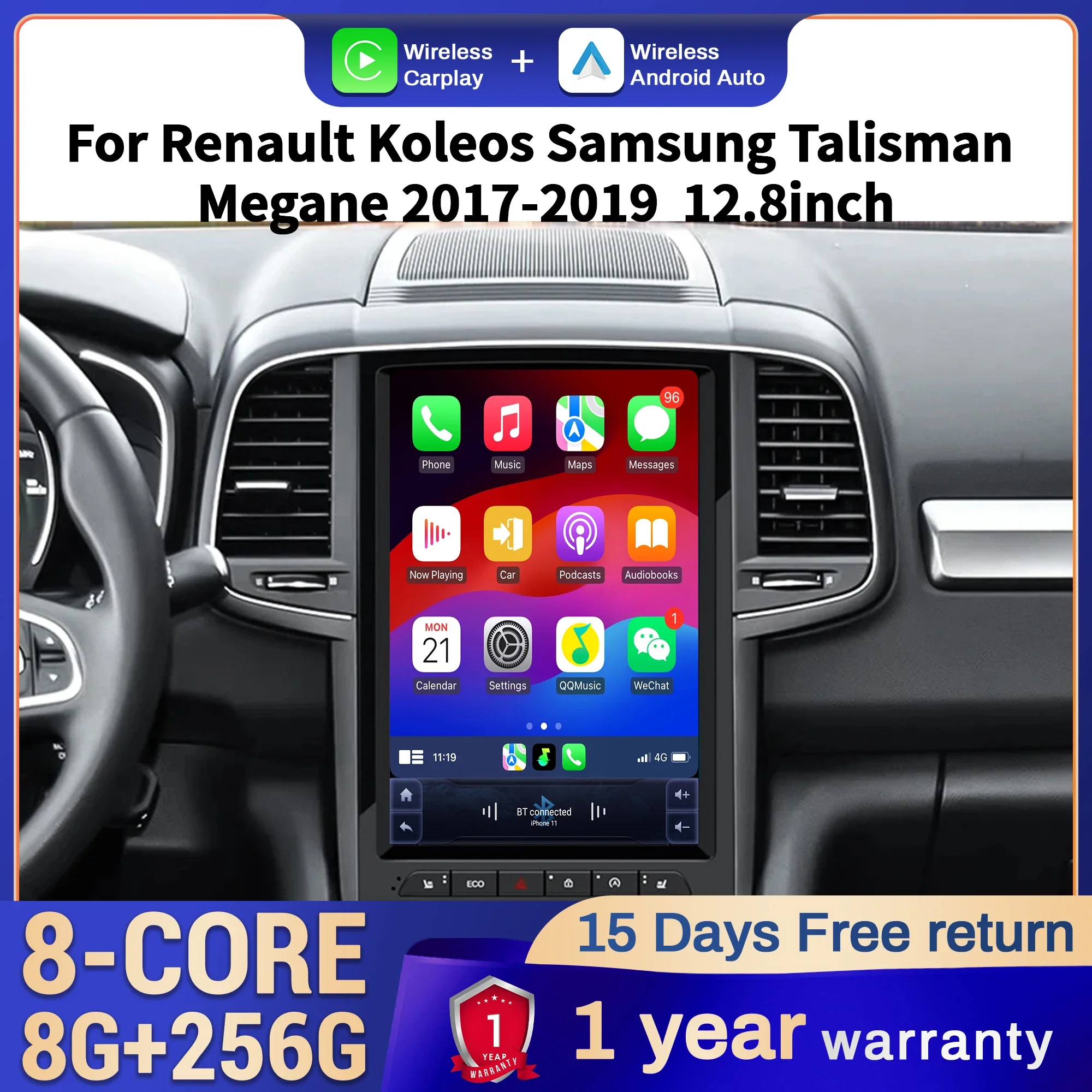 

12.8inch Car Radio For Renault Koleos Samsung Talisman Megane 2017-2019 Head Unit Wireless Bluetooth CarPlay Touch Screen Stereo