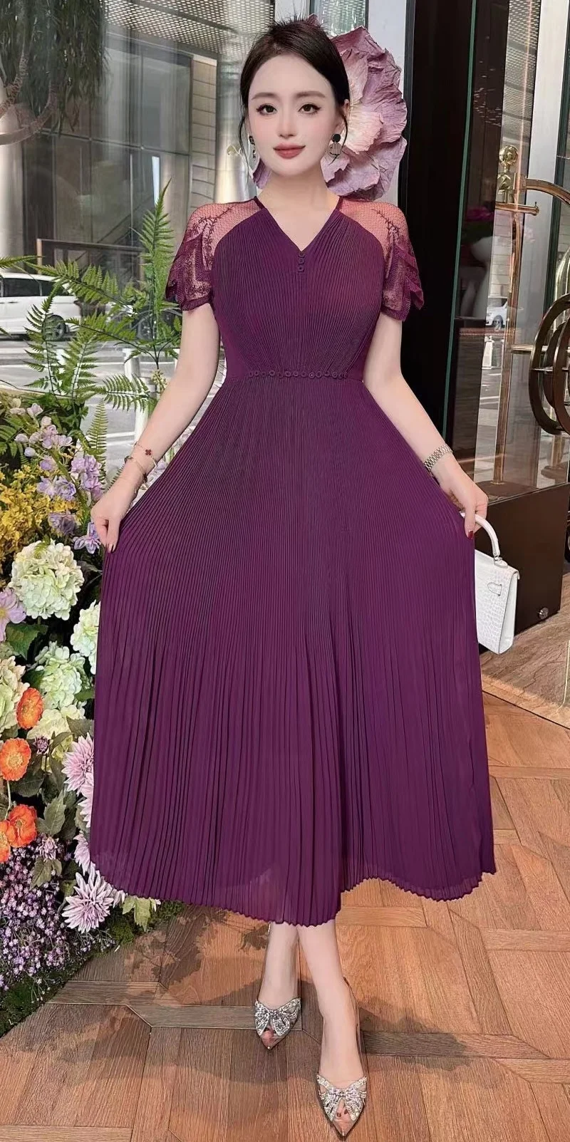 3xl 2xl Long Dress 2024 Spring Summe Evening Party Women V-Neck Sexy Tulle Lace Patchwork Blue Purple Black Long Pleated Dress