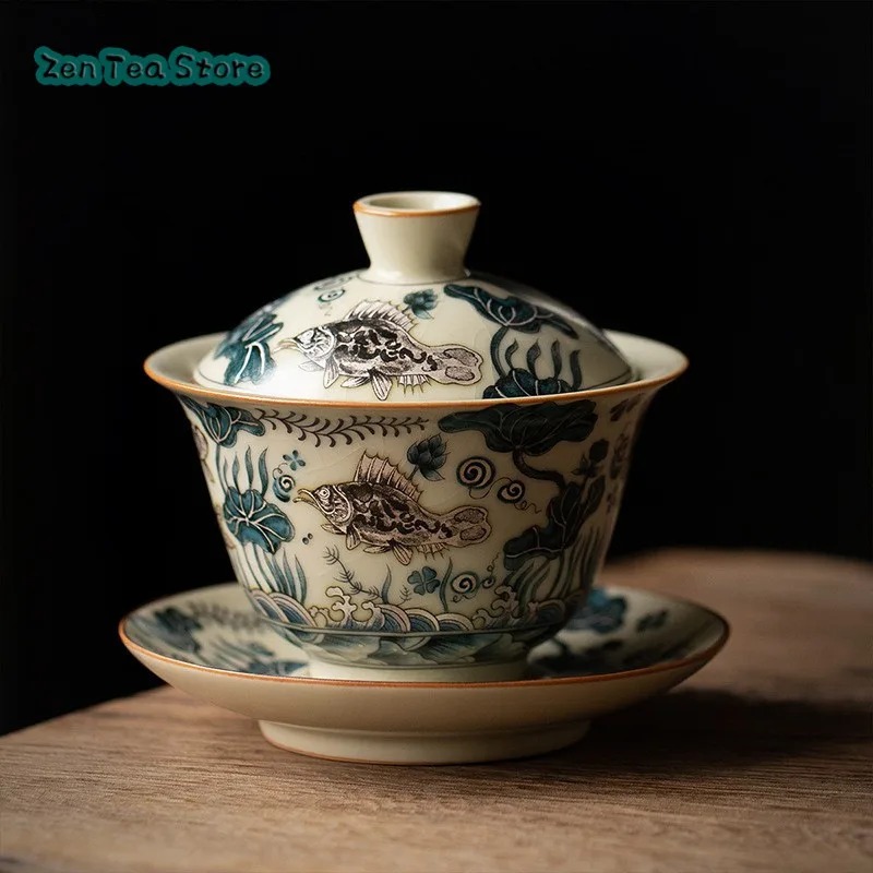 Fish Algae Pattern Beige Ru Kiln Three Cover Bowl Teacup High-grade Household Ceramic Teacup With Cover Tea Infuser