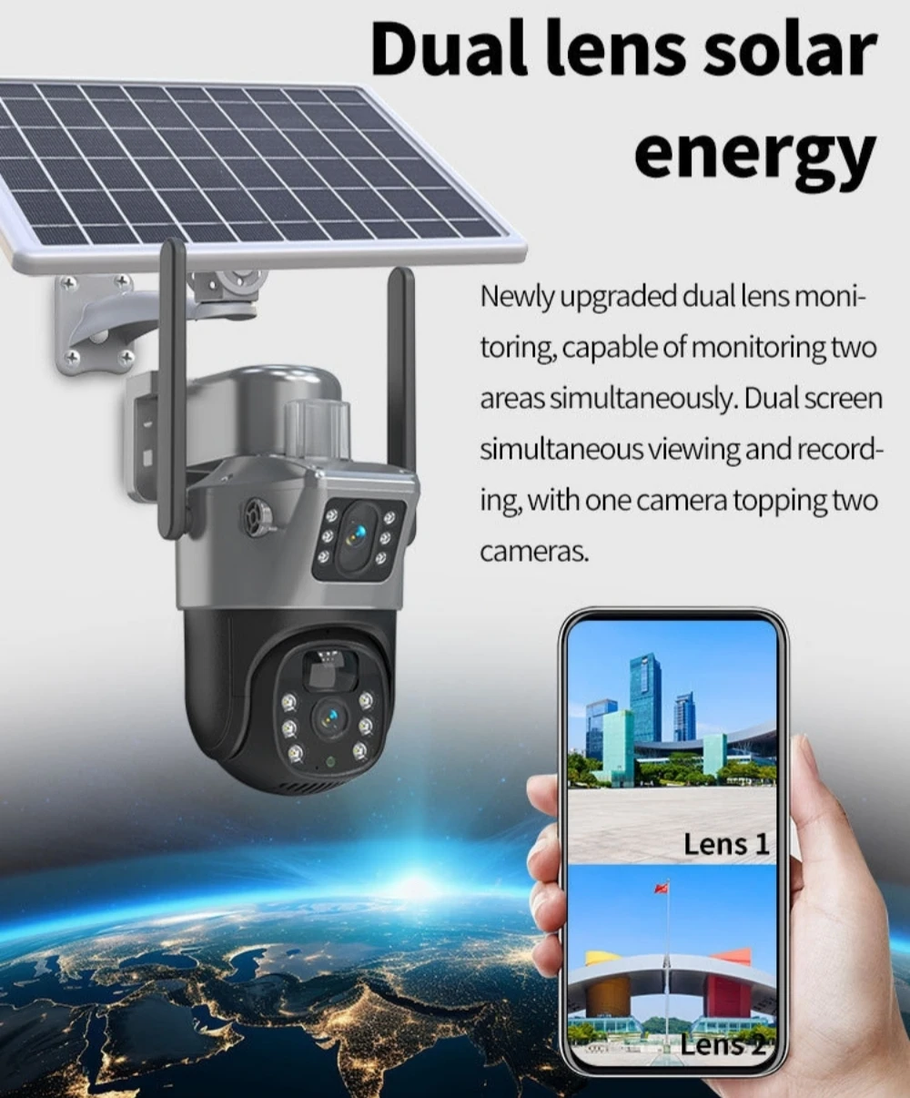 Solar Camera Solar Surveillance Camera with SolarPanel V380 4G WiFi Dual Lens 360°Camera 8MP 4K CCTV Outdoor Security Waterproof