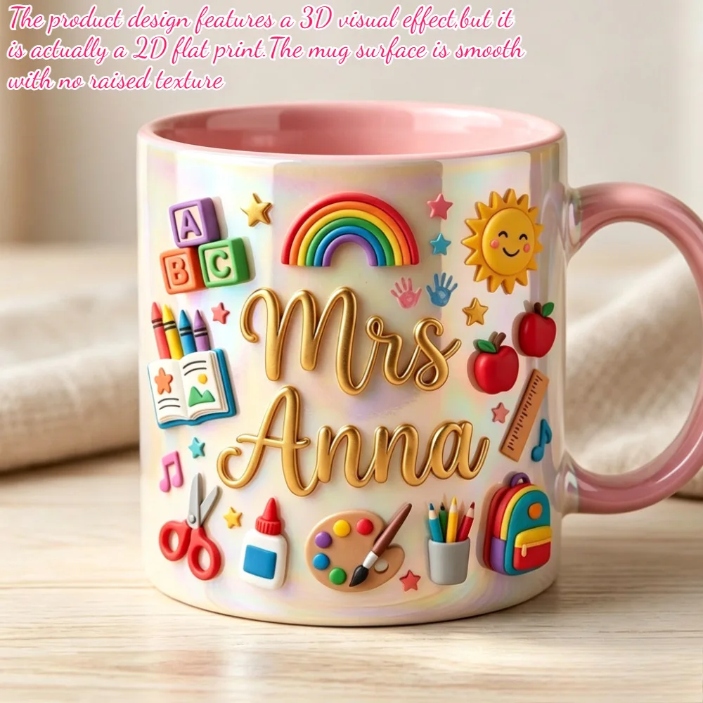 Personalized Teacher Themed Ceramic 11 Ounce Mug, Preschool Classroom Cup Gift for Teachers, Customized Name