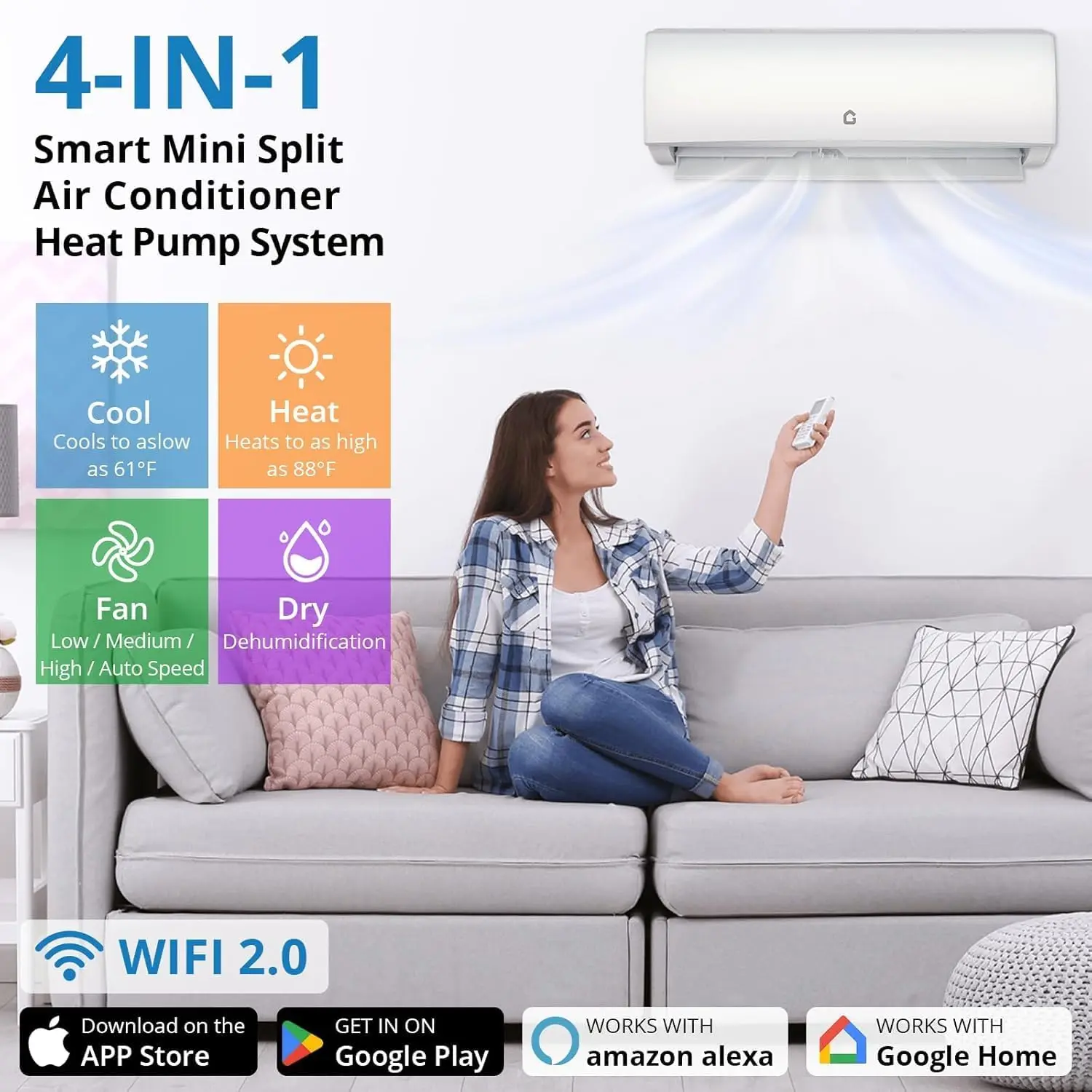 9000 وحدة حرارية بريطانية WiFi Mini Split AC ونظام المضخة الحرارية، 20 SEER2 208-230V مكيف هواء بدون مجاري يصل إلى 450 قدم مربع، متوافق مع Alexa