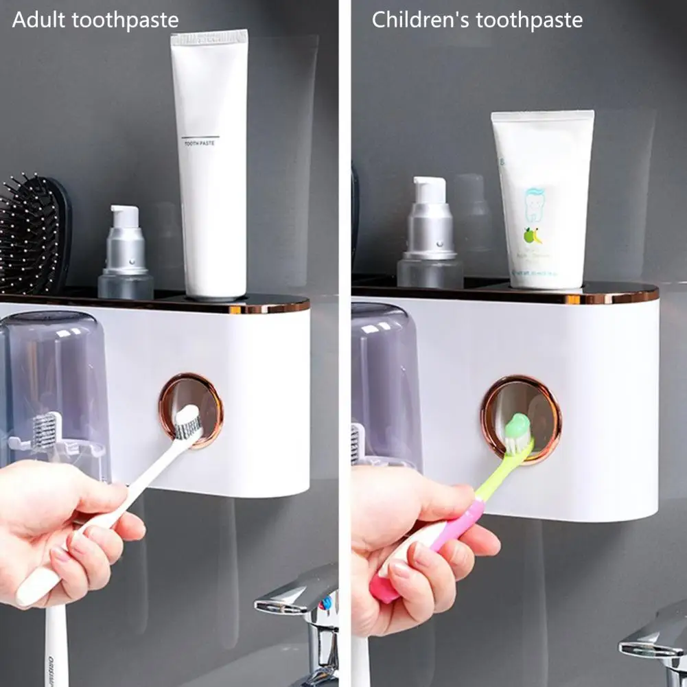 Toothbrush Rack Punch-free Dustproof Plastic Wall-mounted Toothbrush Holder with Mouthwash Cups Automatic Toothpaste Dispenser