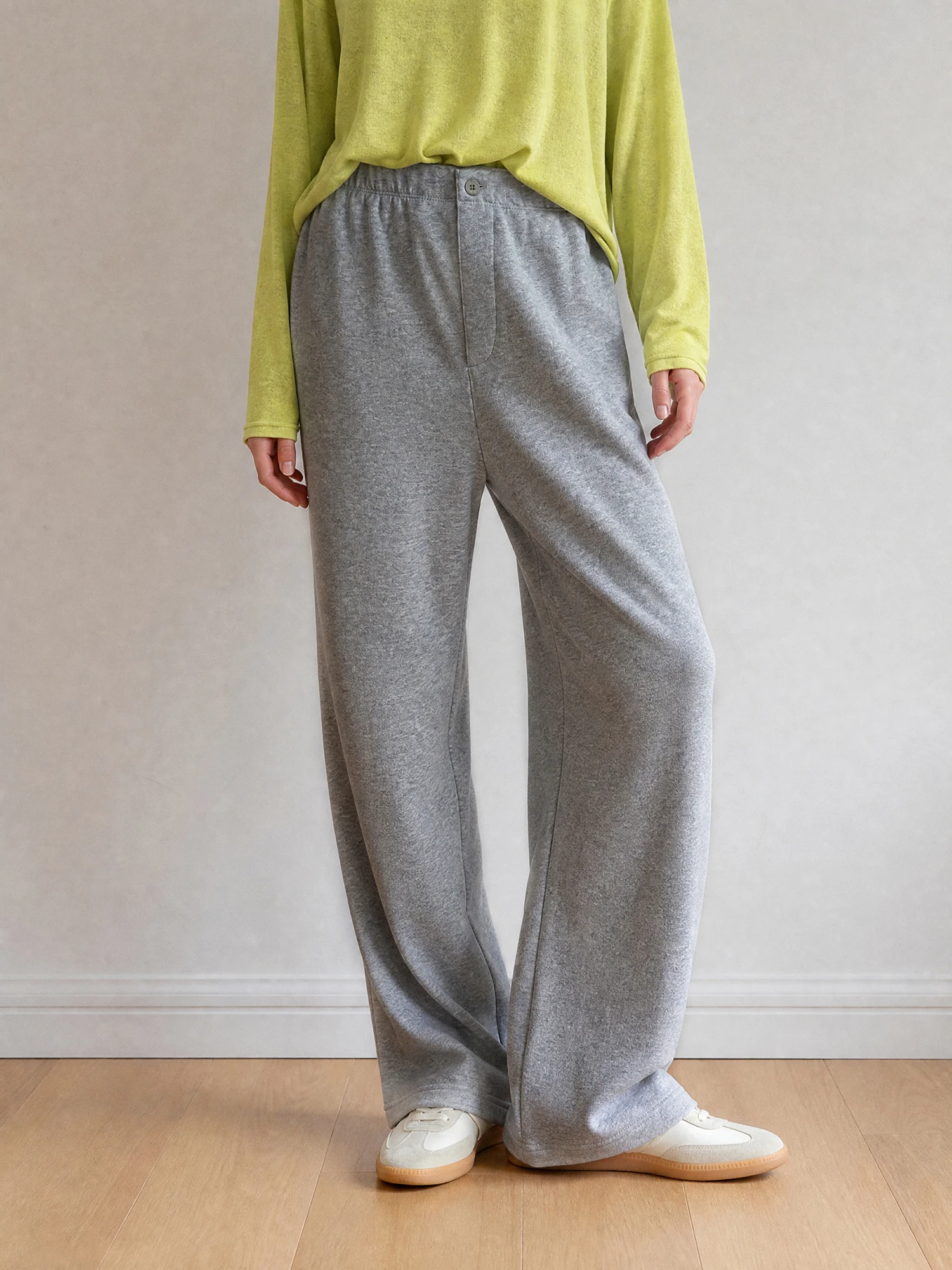 Casual Cotton Fleece Wide Leg Pants Women's Elastic Waist Drawstring Straight Leg Trousers Loose Fit Slimming Long Trousers