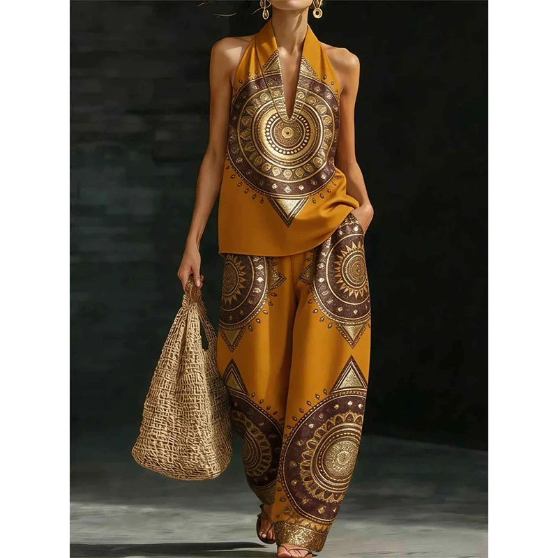 

Women's Boho Ethnic Print 2-Piece Set Halter Neck Sleeveless Top & Wide Leg Pants Summer Casual High Street Woman Outfits