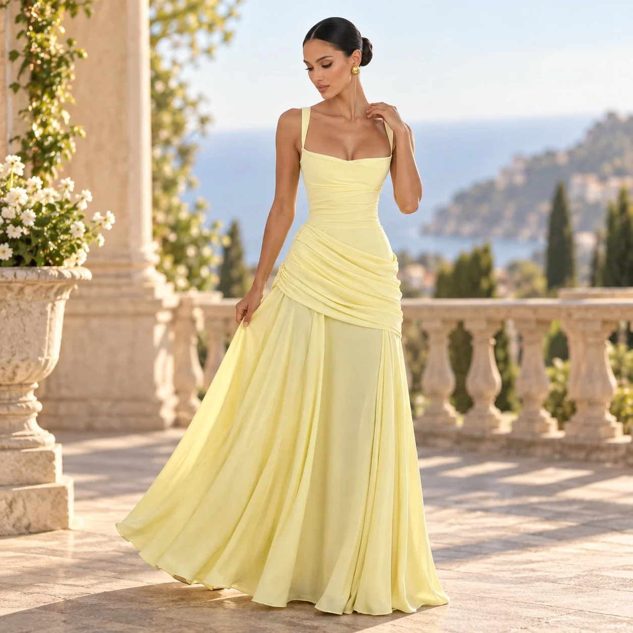 Backless Pleated Dresses Flared Skirt Sexy with Low Neckline Pull on American and European Style Street Pleated Dress for Women