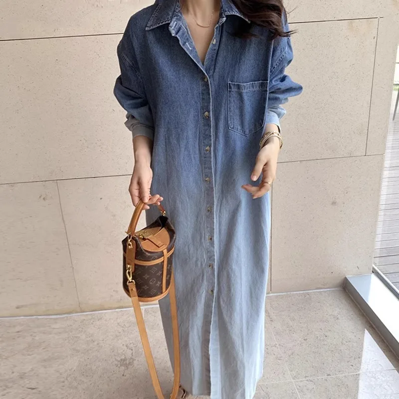 French Niche Lapel Gradient Halo Dyed Dress For Women'S Spring And Autumn Design, Single Breasted Loose Denim Skirt