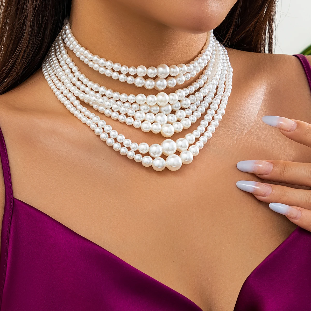 IngeSight.Z Multilayer White Imitation Pearl Choker with Metal Slice Fixation Wide Bib Necklace for Women Bridal Party Jewelry