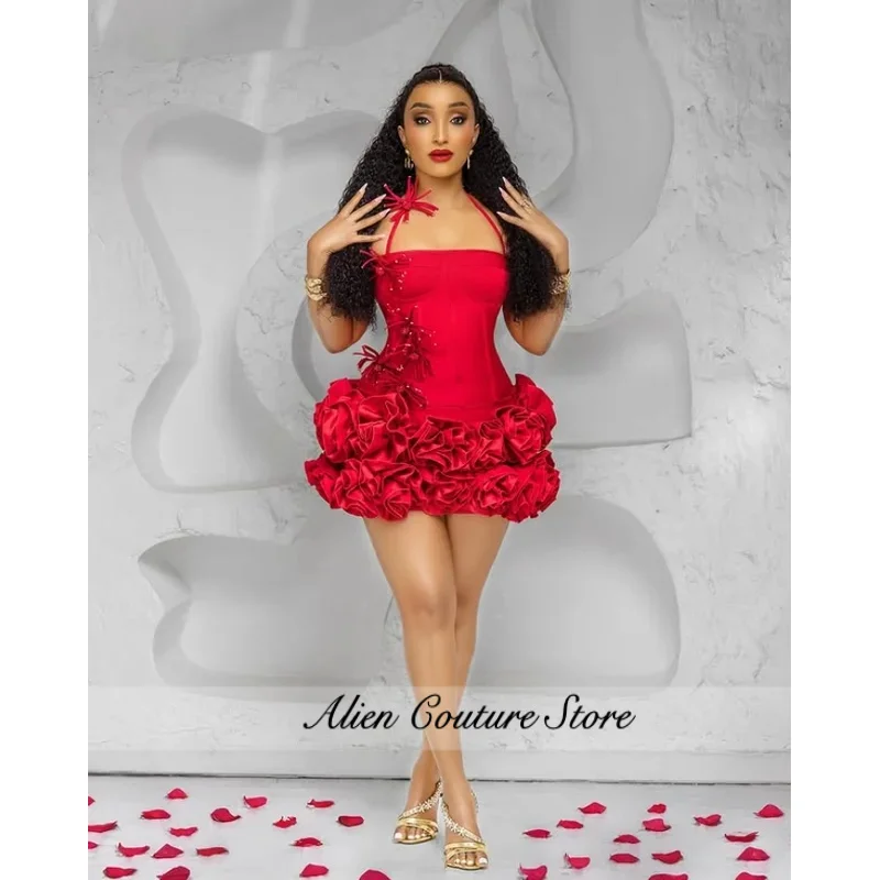 

Красные мини-вечерние коктейльные платья с лямкой на шее, милая 3D юбка с цветочным принтом, корсет, топ, платье для дня рождения, выпускного вечера, гала-платье по индивидуальному заказу