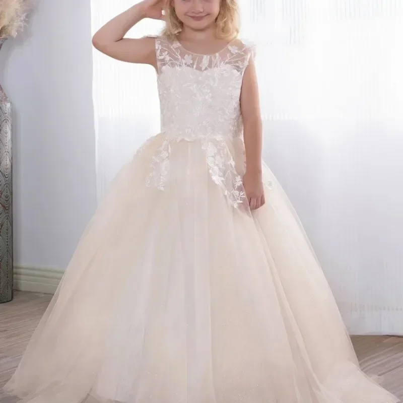 Flower Girl Dress Champagne Tulle Puffy Patterned Embroidery Little Girl Wedding Birthday Party First Communion Holiday Dress