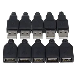 10Pcs Type A Male Female USB 4 Pin Plug Socket Connector With Black Plastic Cover Type-A DIY Kits