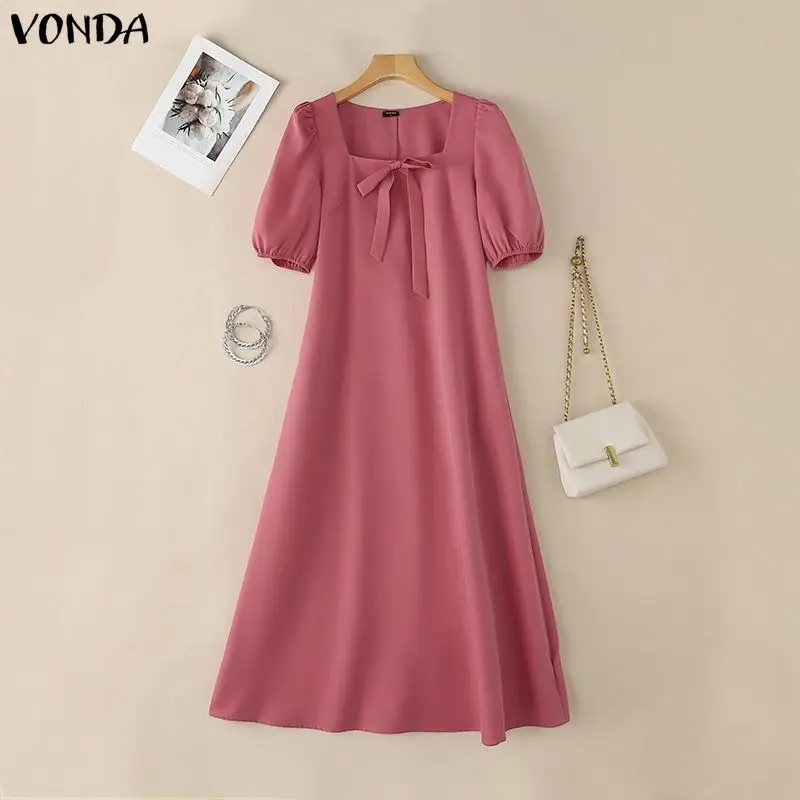 

VONDA Elegant Women Plus Size Dresses Summer Long Maxi Dresses Half Sleeve Vestidos Solid Color A-line Puff Sleeve Bow Sundress