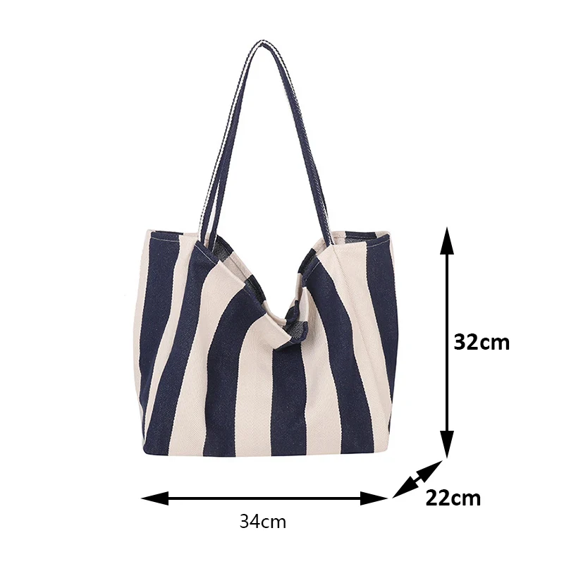 Sommerliche gestreifte Canvas-Tragetasche für Damen, lässig, große Kapazität, einfache Umhängetaschen, Einkaufshandtasche, tägliche Tragetasche – Detail 24