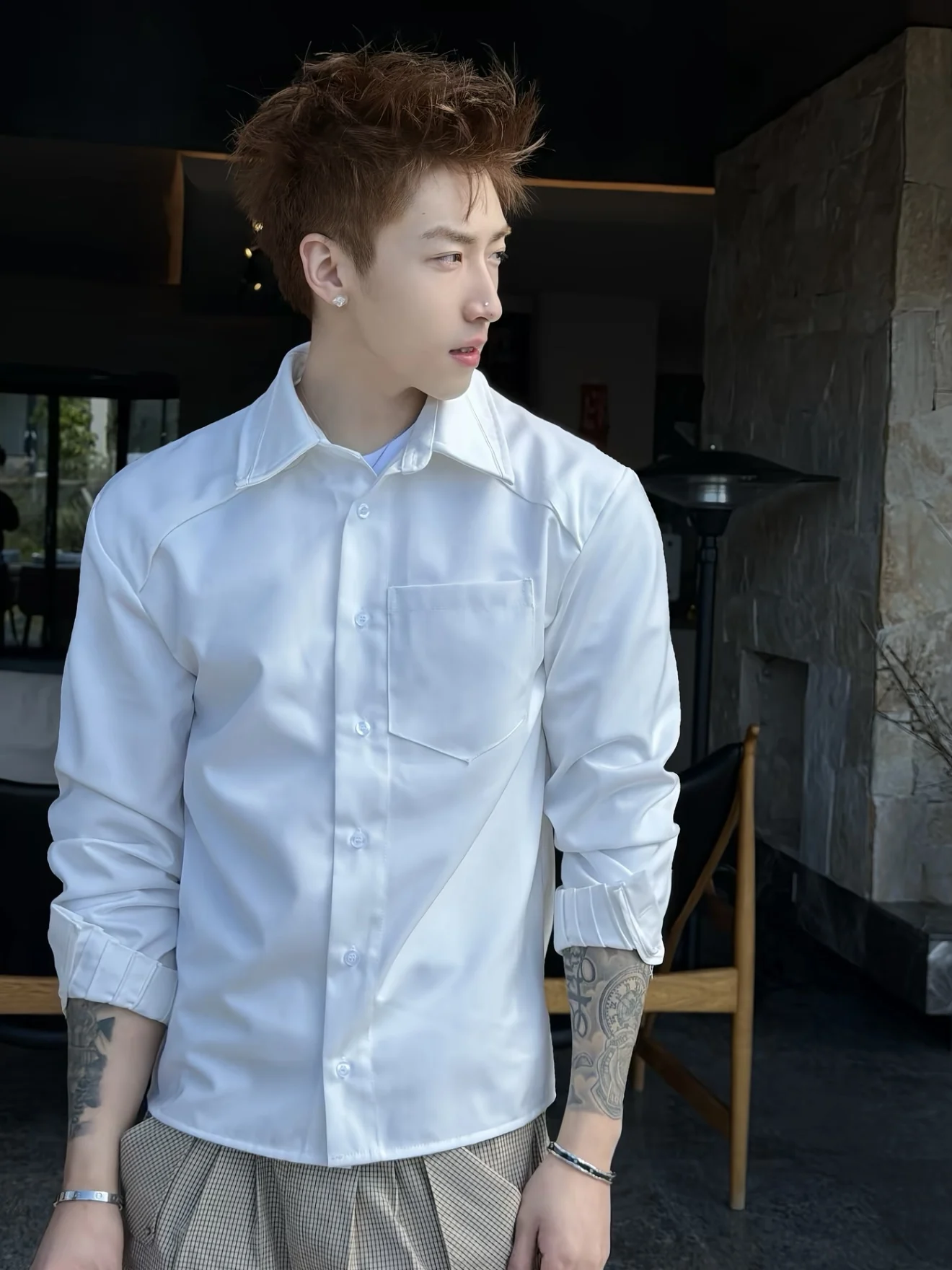 

American Retro Accordion Fold Design Long Sleeve Casual Shirt Men Spring Loose Fit Collar Jacket Breathable Summer Menswear