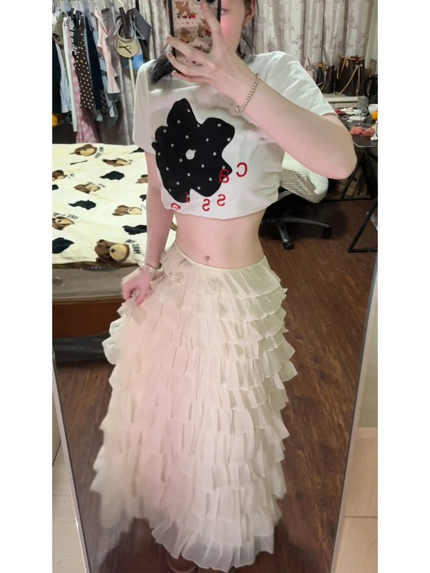 Elegant Layered Tulle Skirt Women's Summer Long Cake Skirt Design Heavy Embellishment Half Body Skirt Retro Commute Style