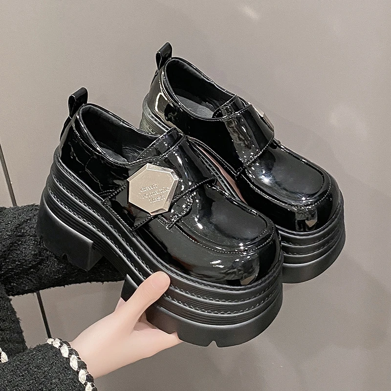 10cm Synthetic Leather Comfy Platform Wedge Pumps Chunky Sneaker High Brand Spring Autumn Casual Shoe British Style Chunky Shoes