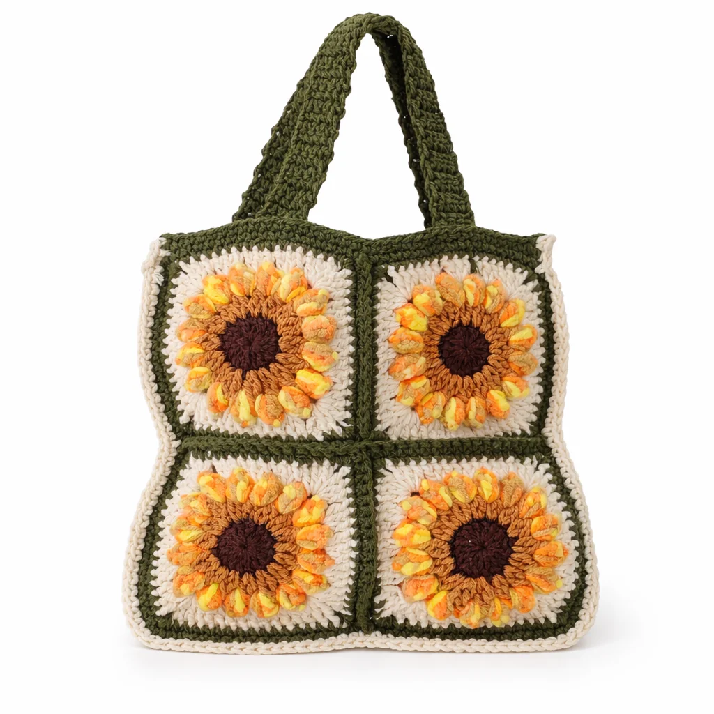 Handmade Crochet Sunflower Tote Bag – Cute Small Boho Knit Shoulder Bag for Women, Floral Granny Square Fashion Handbag